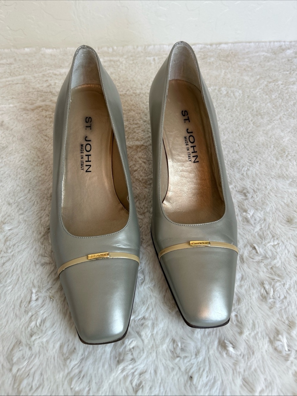St. John Silver Leather Square-Toe Pumps with Gold Accent